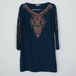 Jole Womens Embroidered Pullover Tunic Size M Side Slits Blue Artsy Bohemian